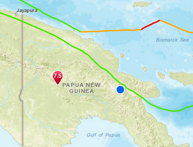 7.5 magnitude earthquake and Ukarumpa (blue dot)