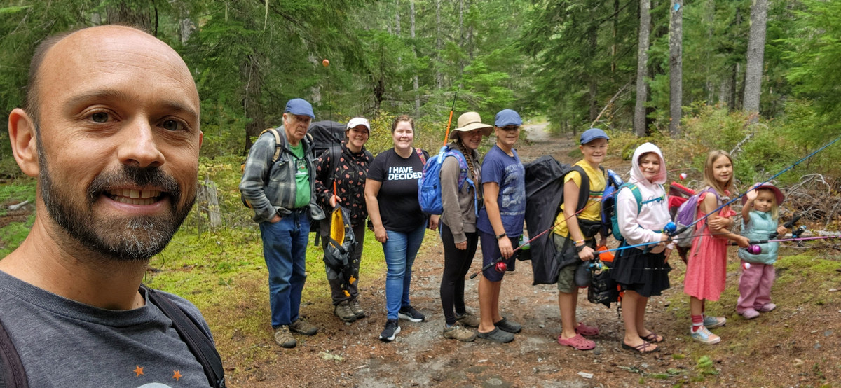 Family hike, fishing poles in tow! 🎣
